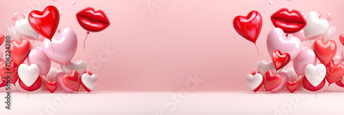 valentine's day background with red pink balloon hearts and kiss, valentine day banner sale template card border with copy space. Valentin's day empty podium platform product display for marketing