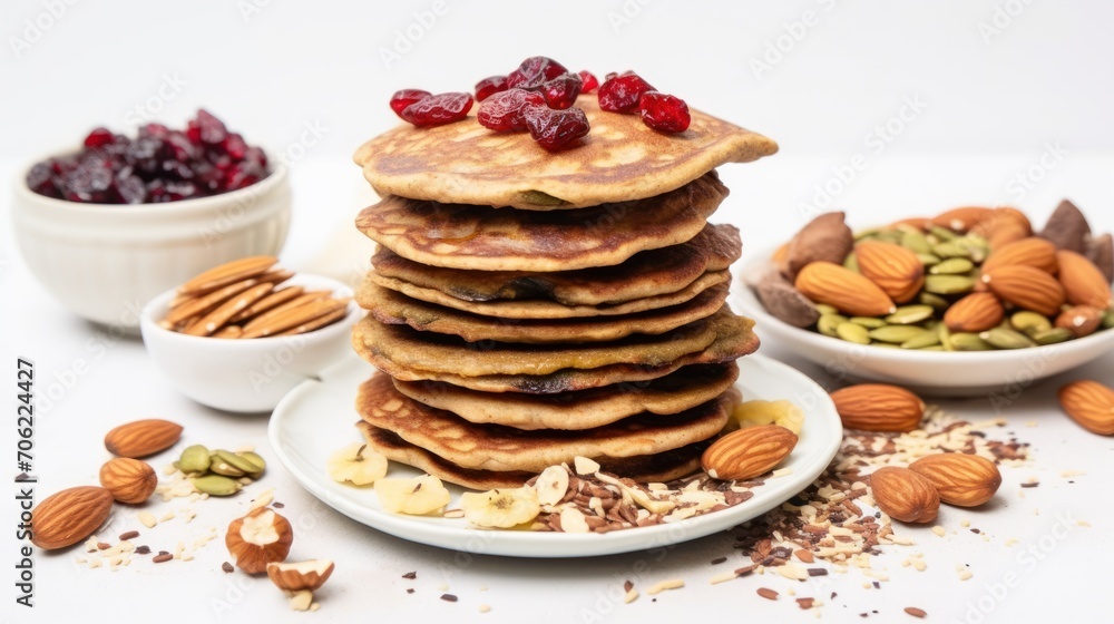 a stack of pancakes sitting on top of a white plate next to a bowl of nuts and cranberries. a stack of pancakes sitting on top of a white plate next to a bowl of nuts and cranberries.