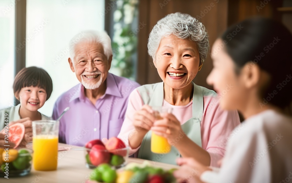 Happy asian family toasting healthy fruit juice. Generative AI