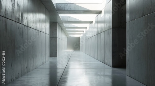  a long hallway with concrete walls and a light at the end of one of the hallway is lit by sunlight coming through the windows.