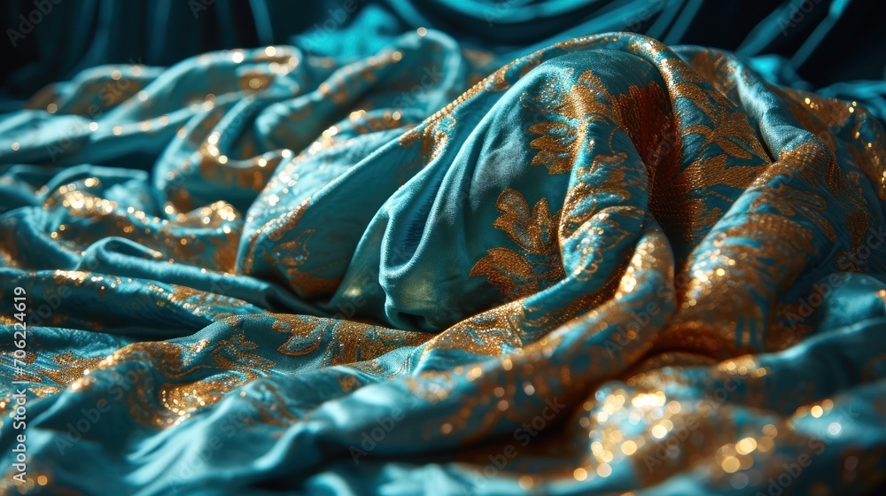 a close up of a blue and gold cloth with gold sequins and a blue curtain in the background. a close up of a blue and gold cloth with gold sequins and a blue curtain in the background.