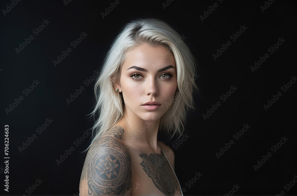 Fototapeta premium Portrait of a woman with a body full of artistic tattoos