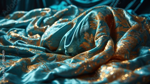  a close up of a blue and gold cloth with gold sequins and a blue curtain in the background.