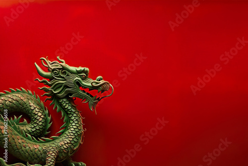 2024 Chinese New Year with green Oriental Dragon on red background