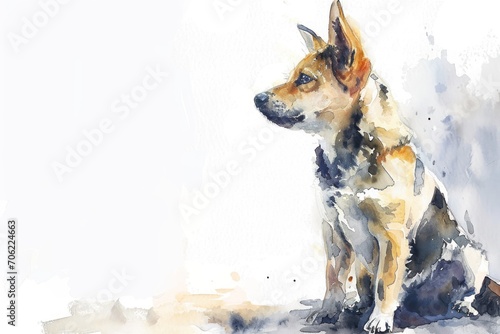  a watercolor painting of a dog sitting in front of a white background with a brown and black dog sitting in front of it.
