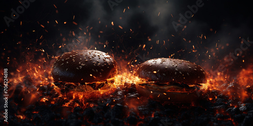 A burger with a fire burning on it with black background photo