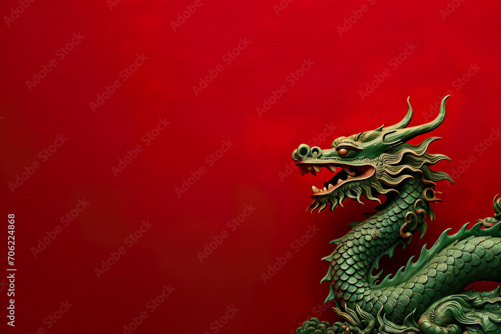 Obraz premium 2024 Chinese New Year with green Oriental Dragon on red background
