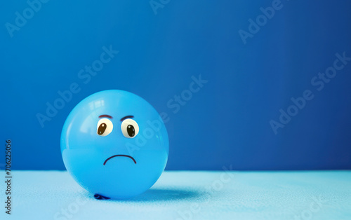 Blue balloon on a blue background with a sad face drawn. Blue monday concept.Generative AI