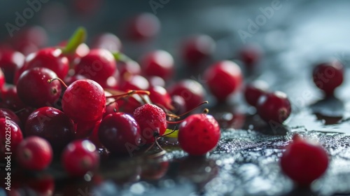  a close up of a bunch of cherries on a table with drops of water on top of the cherries.