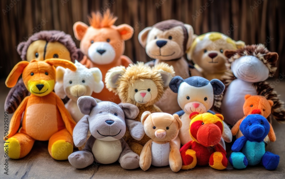 Many soft toys are sitting on the background. Generative AI Many soft toys are sitting on the background. Generative AI