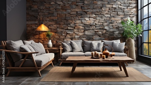 Wooden sofa with dark colored pillows in scandi style living room, elegant walls, paintings, cupboard