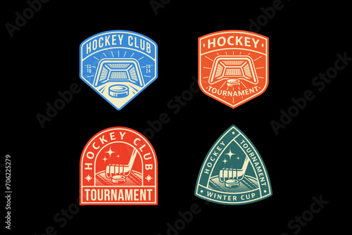 set of hockey badge logos with hockey puck and stick and wicket element design for hockey team and league and champion