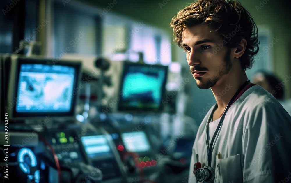 Fototapeta premium Medical ventilator being monitored by anaesthetist. Generative AI
