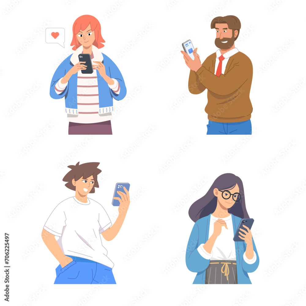 Using phone illustration. Set of People using their smartphone. Male and female character. Flat vector illustration. Using phone illustration. Set of People using their smartphone. Male and female character. Flat vector illustration.