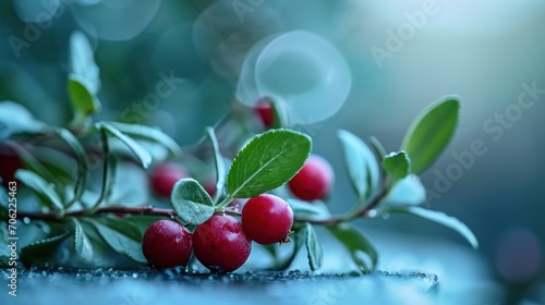  a close up of berries on a branch with leaves and water droplets on a blue surface with a boke of light in the background.