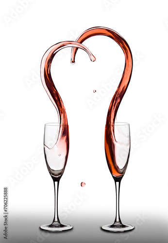 Shape of heart splashes out from two wine glasses. White isolated background