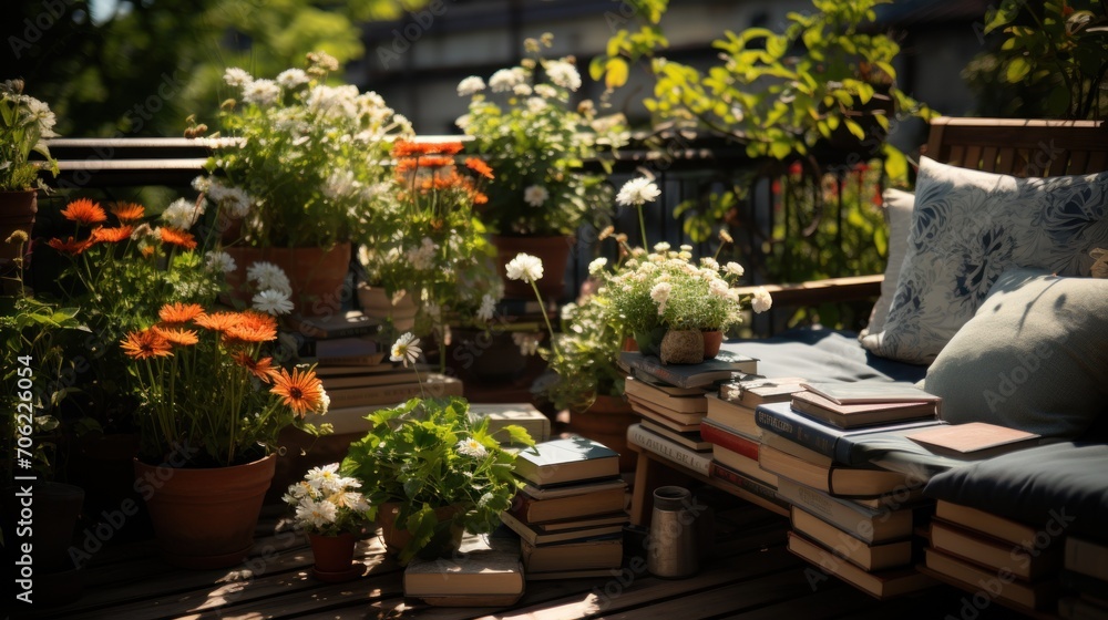 Fototapeta premium book on a beautiful terrace or a cozy balcony full of greenery in summer
