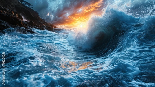  a large wave in the ocean with a sunset in the middle of the ocean and a sky filled with clouds.