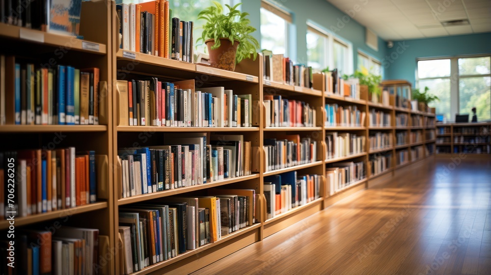 Books are neatly arranged on the new and modern library bookshelves Books are neatly arranged on the new and modern library bookshelves