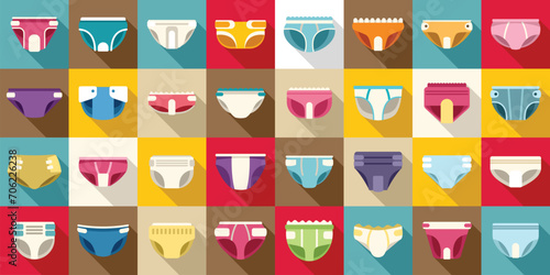 Adult diaper icons set flat vector. Layer sanitary. Pad mattress