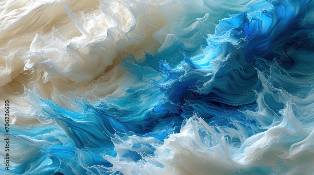  a painting of blue and white swirls on a white and beige background with a white and blue swirl on the left side of the image.