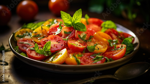 Delicious Freshness Tomato Salad with Basil Leaves