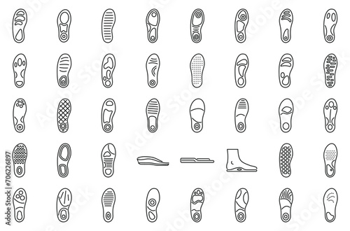 Orthopedic insoles icons set outline vector. Footwear insole. Sole support