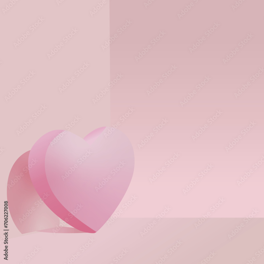 Valentine's day background vector. Pink heart isolated on a corner of pastel pink background, 3D rendering.