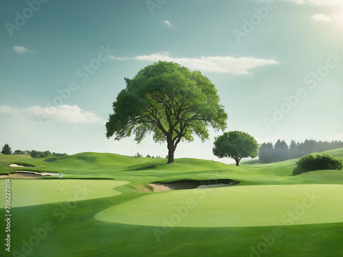 Green grass and a single tree on a golf course