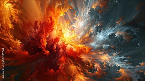  a computer generated image of a swirl of fire and smoke in orange, blue, yellow and white colors on a black background.