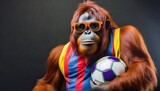 huge orang utan in colorful retro tricot with football soccer on black background