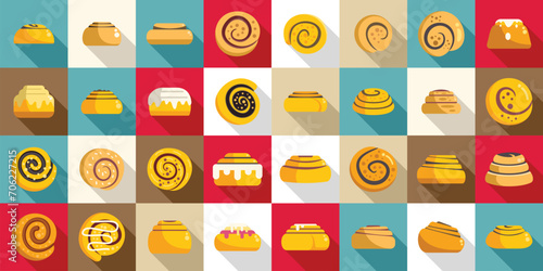 Cinnamon roll bun icons set flat vector. Food baked. Bakery milk danish