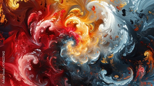  an abstract painting of red, yellow, and white swirls on a black and white background with red, orange, yellow, and white swirls.