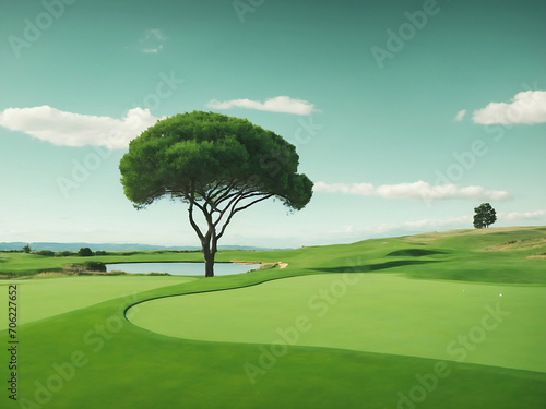 Green grass and a single tree on a golf course photo