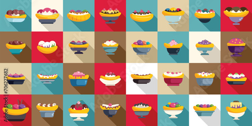 Banana split icons set flat vector. Cream calories dessert. Caramel bowl