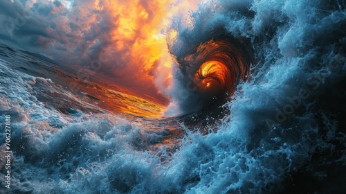  a large wave in the middle of the ocean with a bright orange light coming out of the top of it.