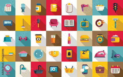Daily routine icons set flat vector. Life school eat. Work day sleep photo