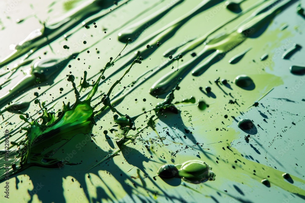  a close up of a green substance on a surface with drops of water on the surface and on the surface.