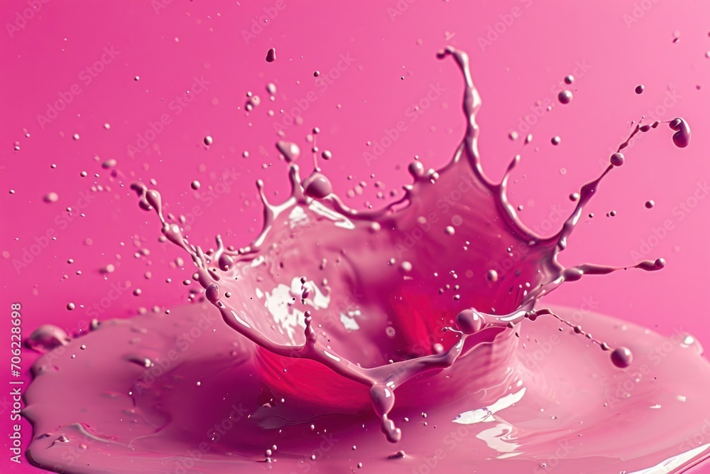 a pink liquid splashing on top of a white plate on a bright pink background with a drop of water. a pink liquid splashing on top of a white plate on a bright pink background with a drop of water.