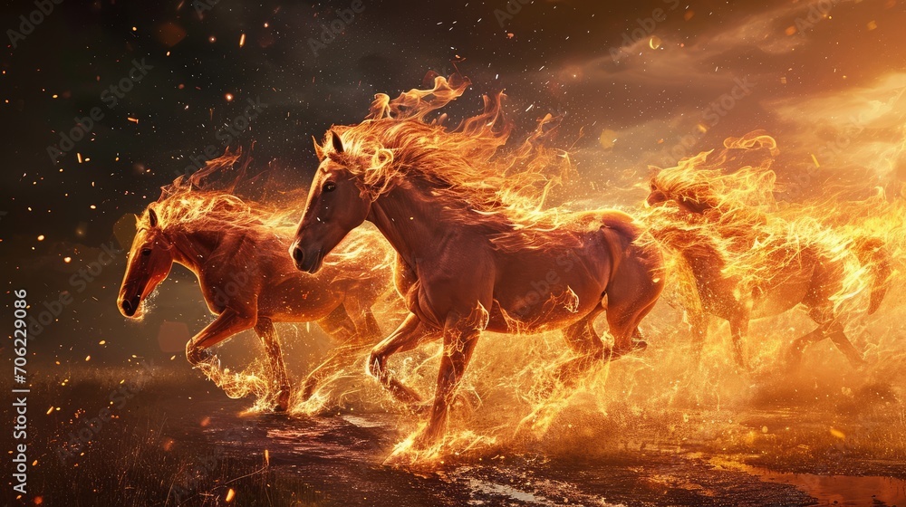 Running horse covered in flames, AI generated Image Running horse covered in flames, AI generated Image