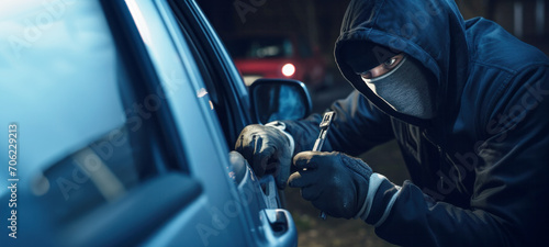 Man burglar, wearing a balaclava or thief breaking into a car lock opens the lock on the door, theft crime criminal case concept, Alarm system, Security system, car insurance photo