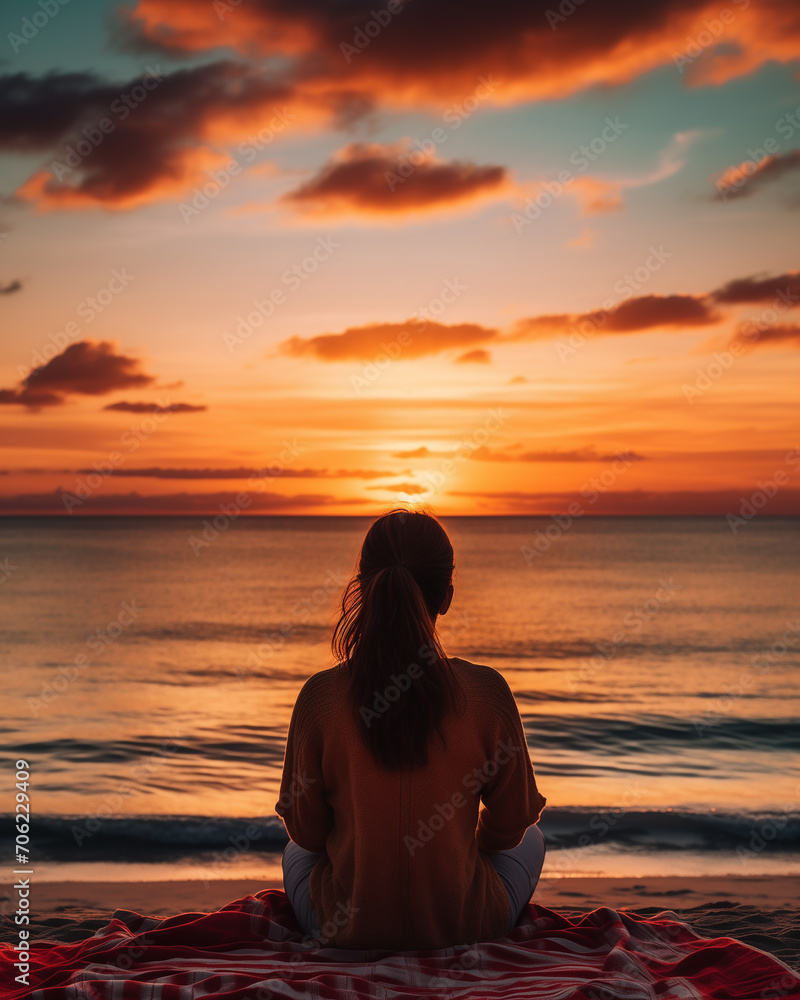 Woman relaxing at the beach of ocean sunset Woman relaxing at the beach of ocean sunset