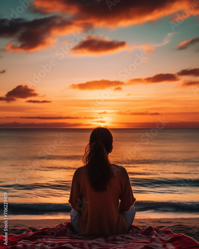 Woman relaxing at the beach of ocean sunset