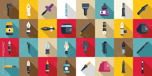 Dip pen tools icons set flat vector. Artwork ink. Accessory supplies