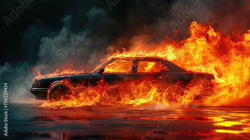 The speeding car was engulfed in flames, AI generated Image