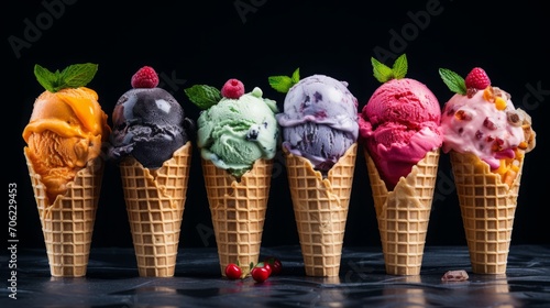 Various of ice cream flavor in cones, setup on dark stone background