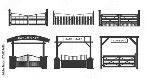 Ranch gate black monochrome minimalist silhouette icon set vector flat illustration photo