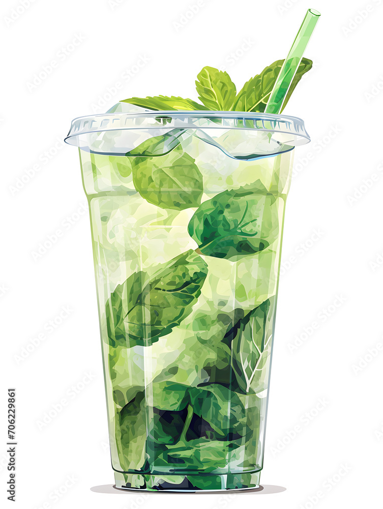 mojito in plastic takeaway cup without lid and straw, white background mojito in plastic takeaway cup without lid and straw, white background