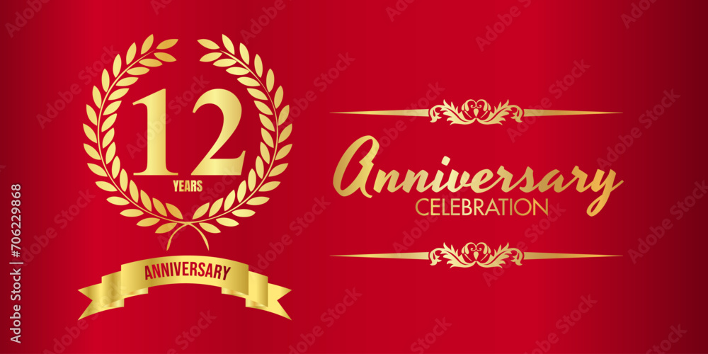 12 years anniversary celebration. Vector design template. Vector design for brochure, poster,celebration invitation or greeting card with red background 12 years anniversary celebration. Vector design template. Vector design for brochure, poster,celebration invitation or greeting card with red background