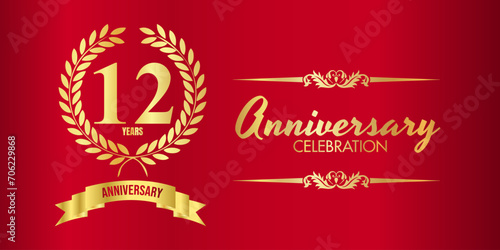 12 years anniversary celebration. Vector design template. Vector design for brochure, poster,celebration invitation or greeting card with red background